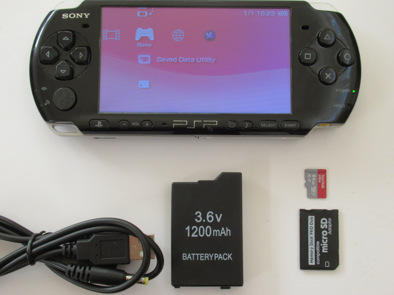 RENEWED PSP 3000 Piano Black with Custom Firmware ARK-4, 64GB, USB Charge and Data Cable, Region Fre