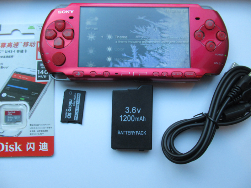 PSP 3000 Radiant Red 64GB with Custom Firmware, ARK-4, Region-free, HQ battery Power/Data USB cable