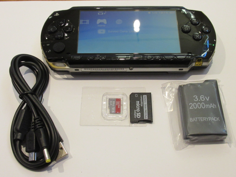 PSP 1000 For Sale Piano Black with Custom Firmware Ark-4, 64GB, USB/data/power cable, region free.  image #1